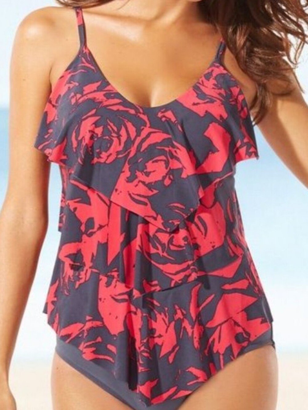 AQUA GREEN Tankini Fuchsia Pink Gray Floral Ruffle Tiered Size XL